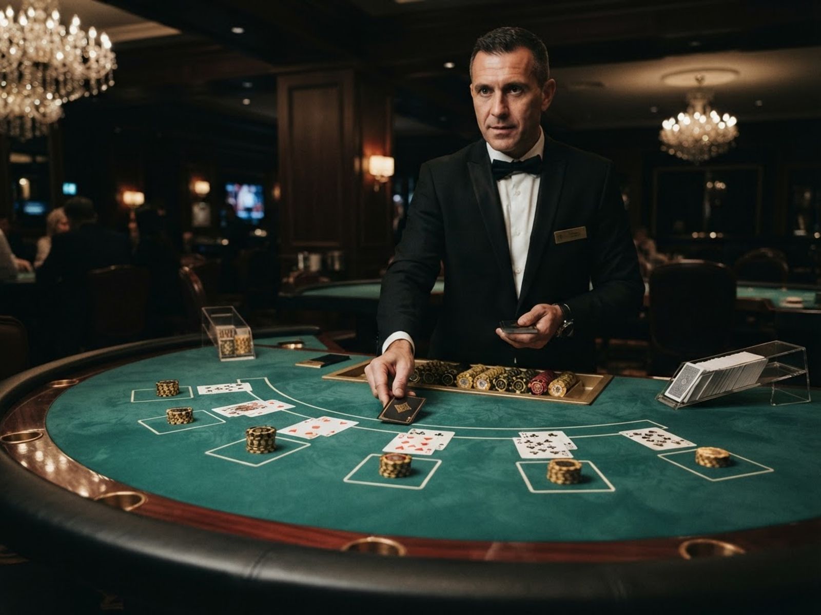 Mesa de blackjack en vivo con cartas y fichas doradas