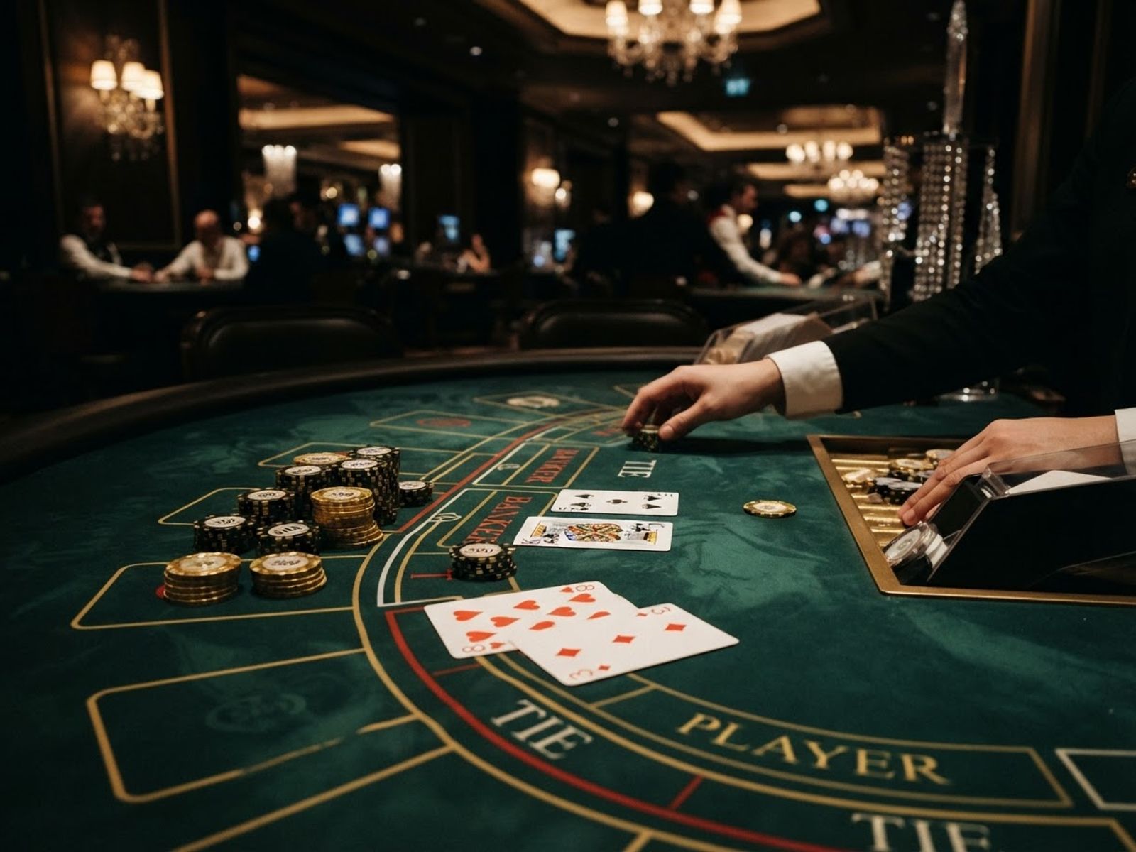 Mesa de bacará en vivo con fichas y cartas de juego