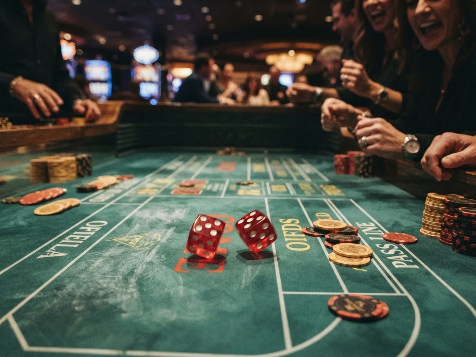 Mesa de craps en vivo con dados y fichas de casino